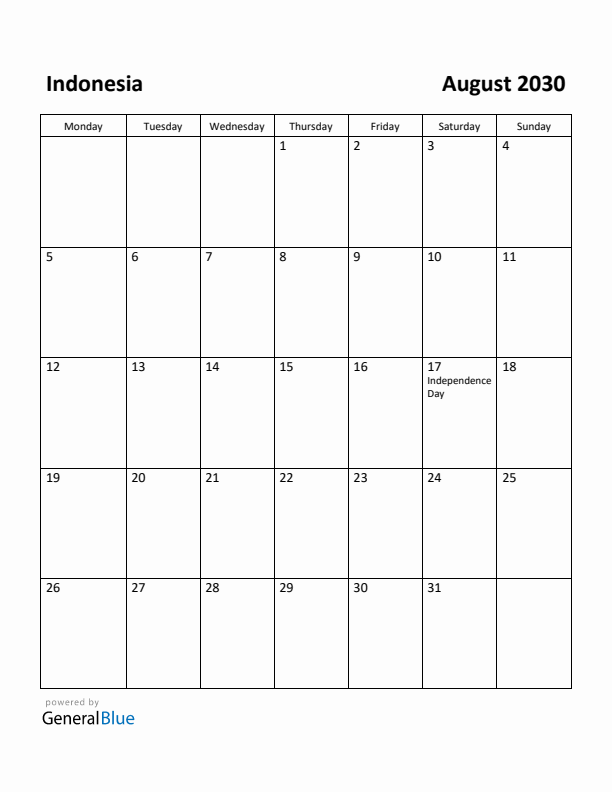 August 2030 Calendar with Indonesia Holidays