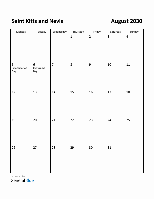 August 2030 Calendar with Saint Kitts and Nevis Holidays