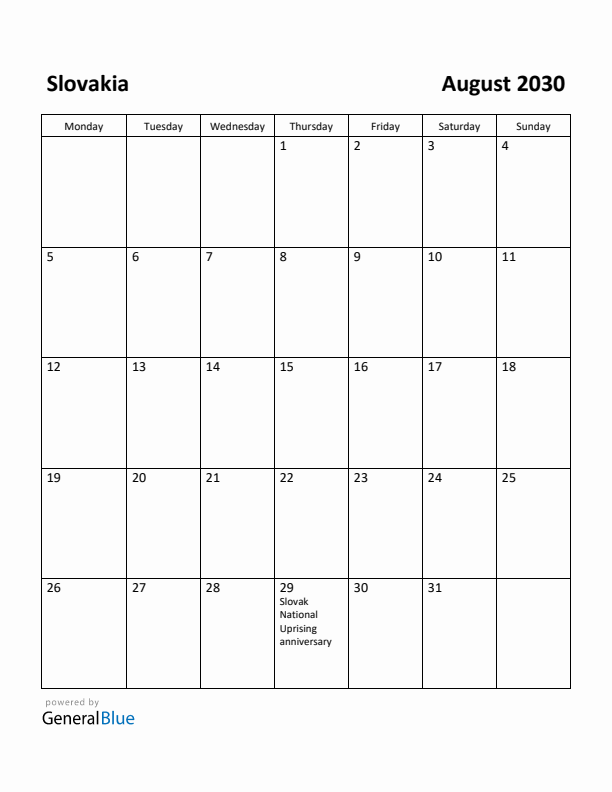 August 2030 Calendar with Slovakia Holidays