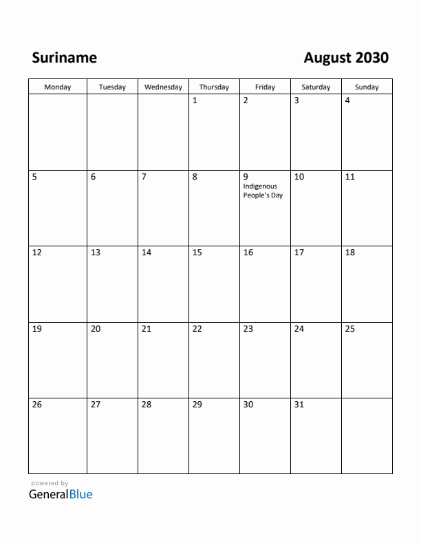 August 2030 Calendar with Suriname Holidays