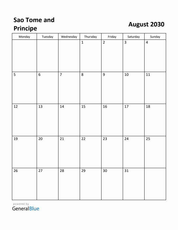 August 2030 Calendar with Sao Tome and Principe Holidays