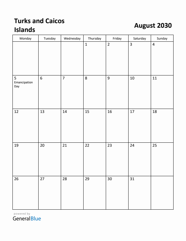 August 2030 Calendar with Turks and Caicos Islands Holidays