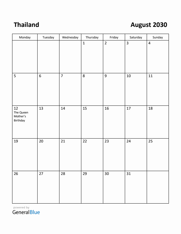 August 2030 Calendar with Thailand Holidays