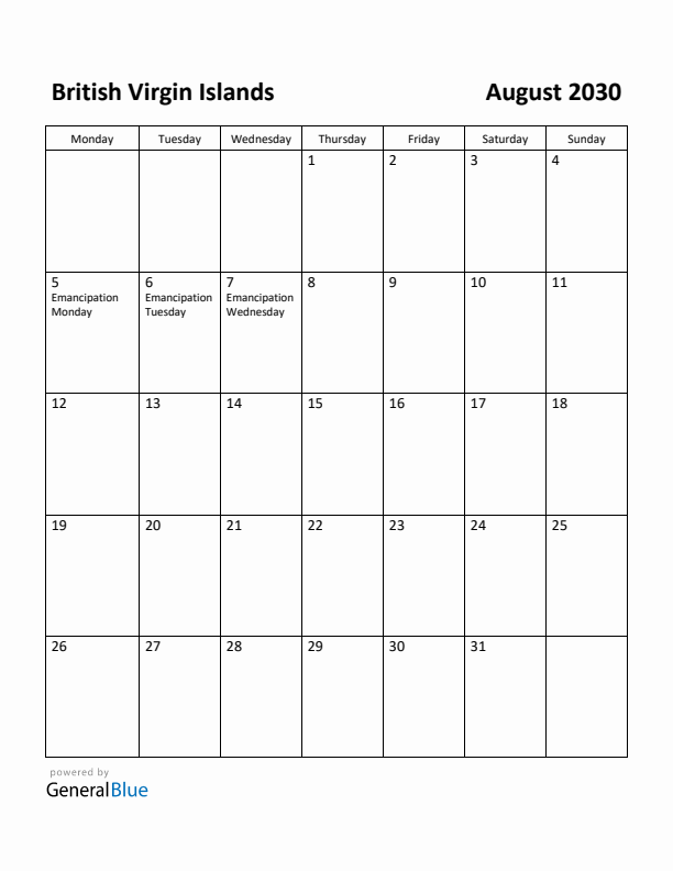 August 2030 Calendar with British Virgin Islands Holidays