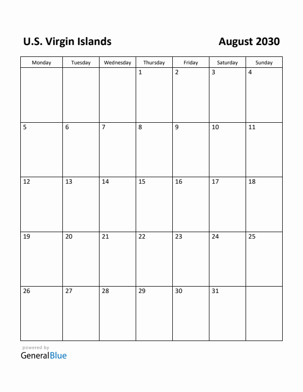 August 2030 Calendar with U.S. Virgin Islands Holidays