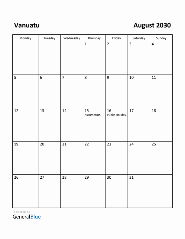 August 2030 Calendar with Vanuatu Holidays
