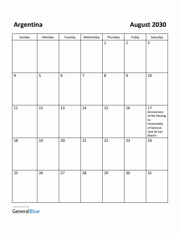 August 2030 Calendar with Argentina Holidays
