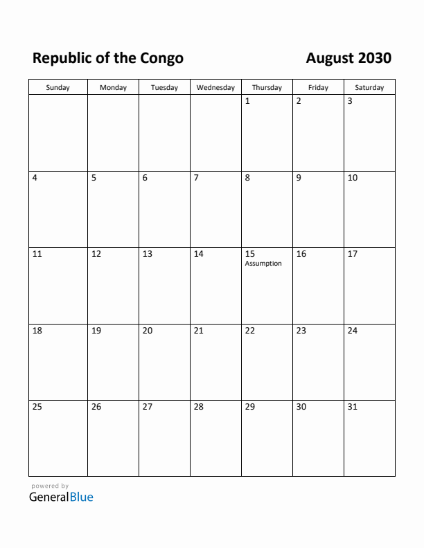 August 2030 Calendar with Republic of the Congo Holidays