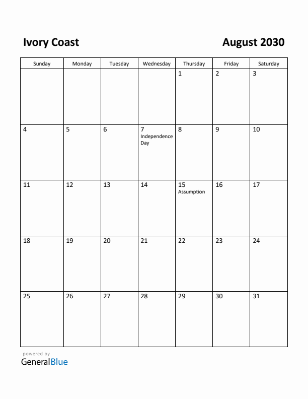 August 2030 Calendar with Ivory Coast Holidays