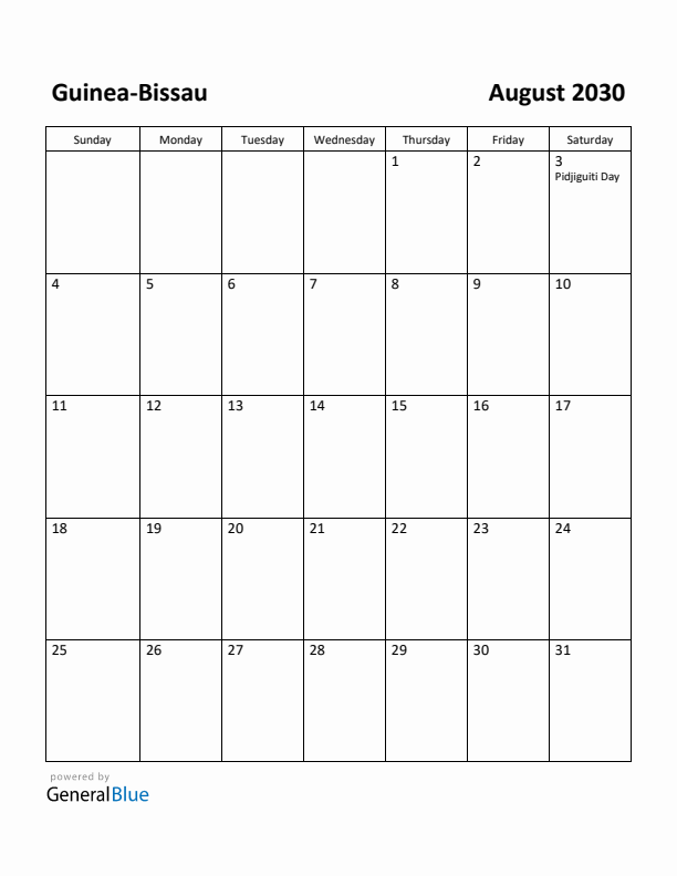 August 2030 Calendar with Guinea-Bissau Holidays