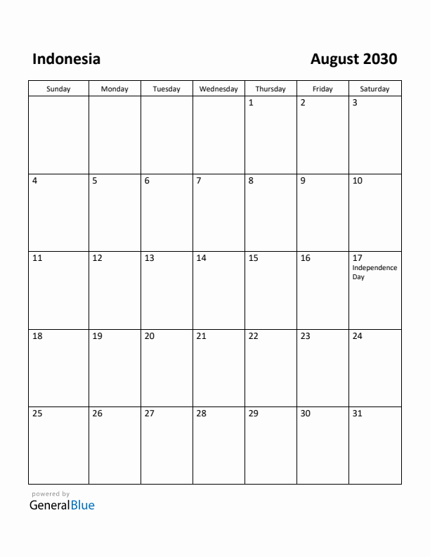 August 2030 Calendar with Indonesia Holidays