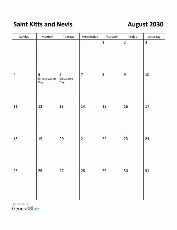 August 2030 Calendar with Saint Kitts and Nevis Holidays
