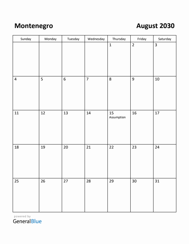August 2030 Calendar with Montenegro Holidays