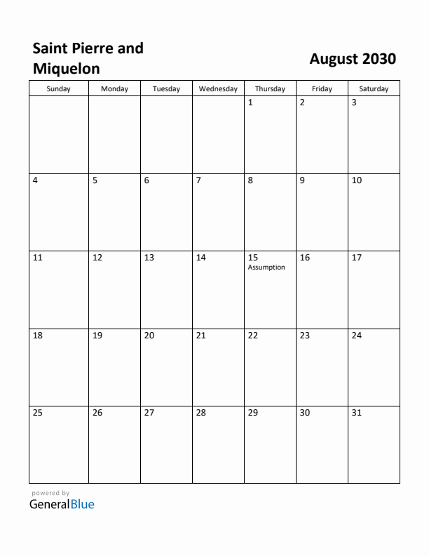 August 2030 Calendar with Saint Pierre and Miquelon Holidays
