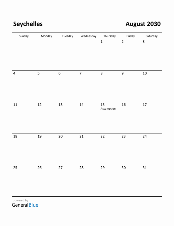 August 2030 Calendar with Seychelles Holidays