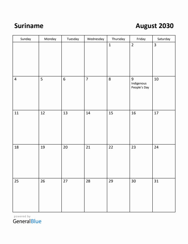August 2030 Calendar with Suriname Holidays