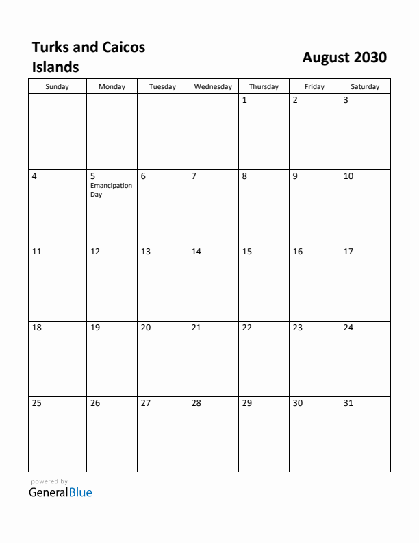 August 2030 Calendar with Turks and Caicos Islands Holidays