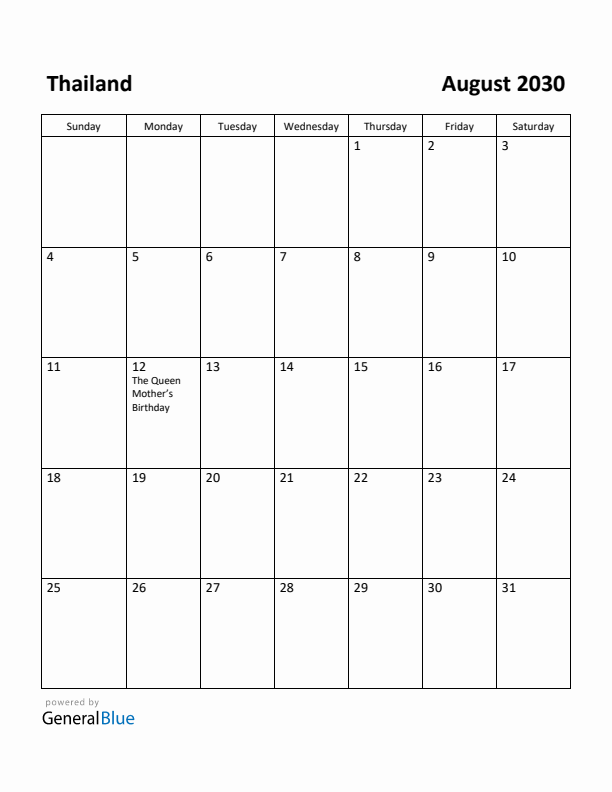 August 2030 Calendar with Thailand Holidays