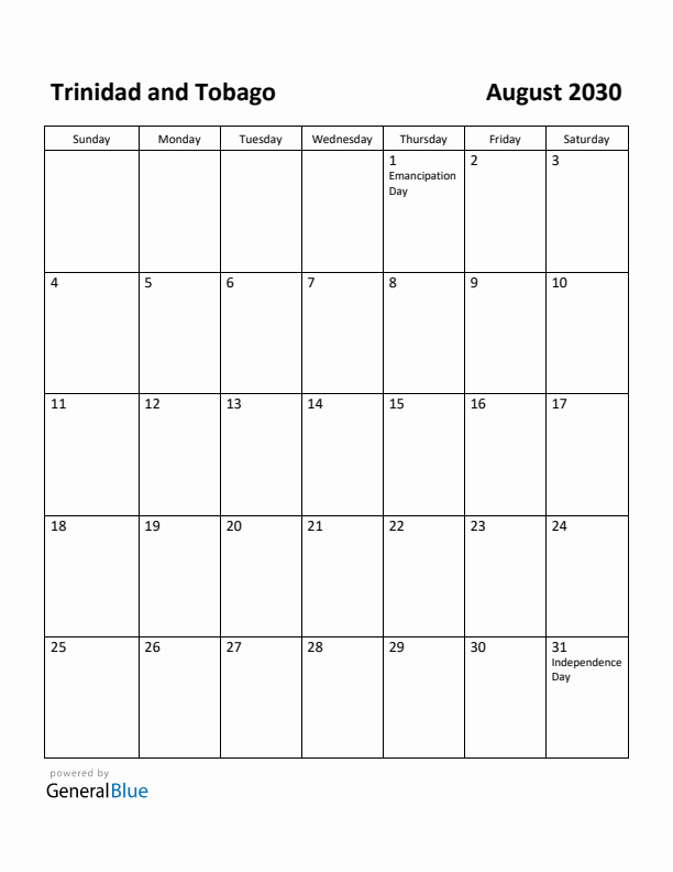 August 2030 Calendar with Trinidad and Tobago Holidays
