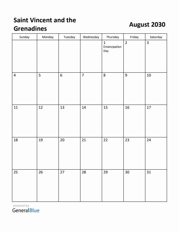 August 2030 Calendar with Saint Vincent and the Grenadines Holidays