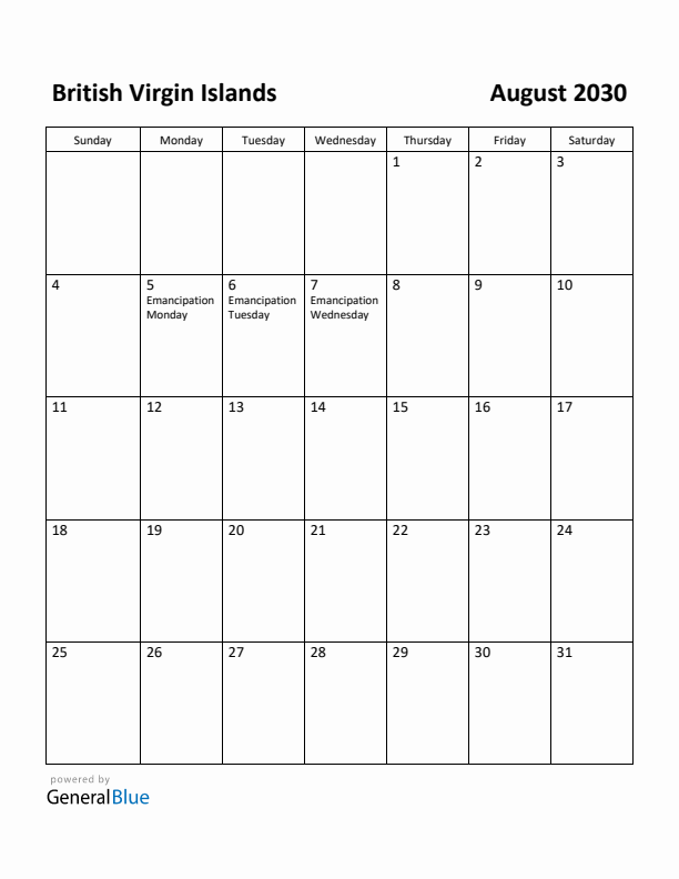 August 2030 Calendar with British Virgin Islands Holidays