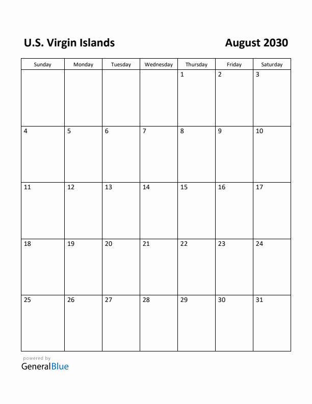 August 2030 Calendar with U.S. Virgin Islands Holidays
