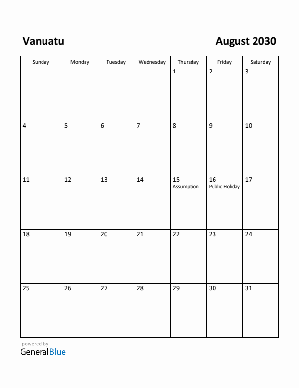 August 2030 Calendar with Vanuatu Holidays