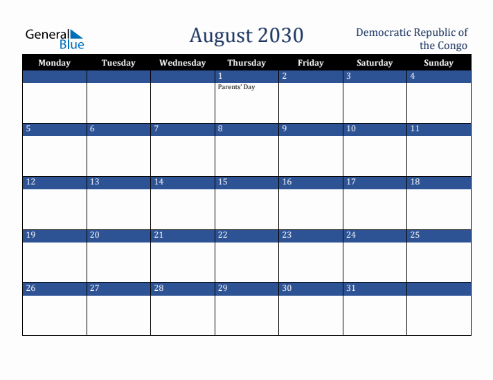 August 2030 Democratic Republic of the Congo Calendar (Monday Start)