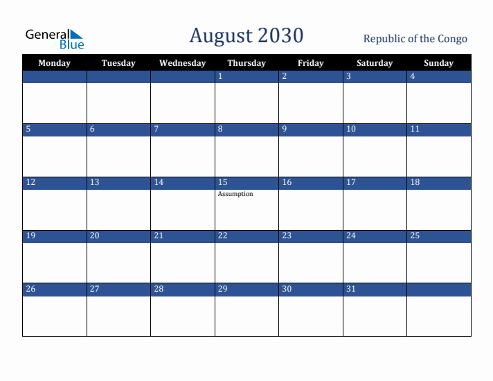 August 2030 Republic of the Congo Calendar (Monday Start)