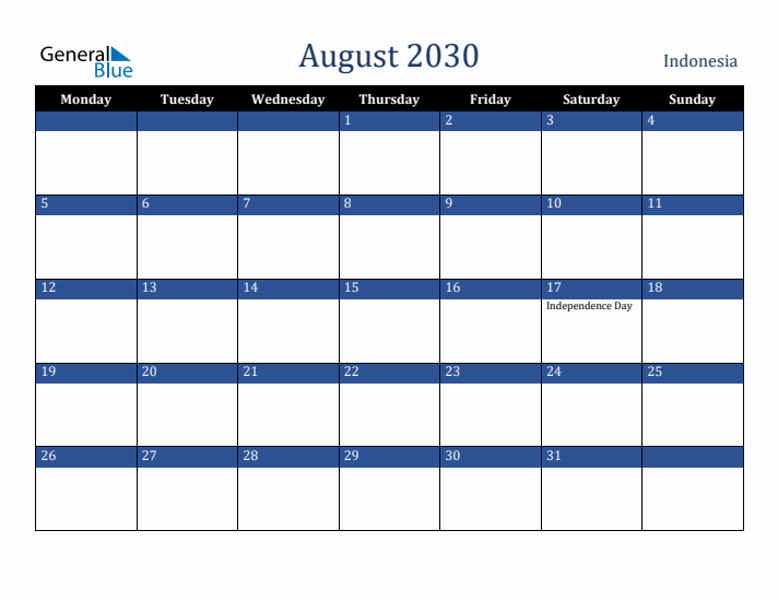 August 2030 Indonesia Calendar (Monday Start)