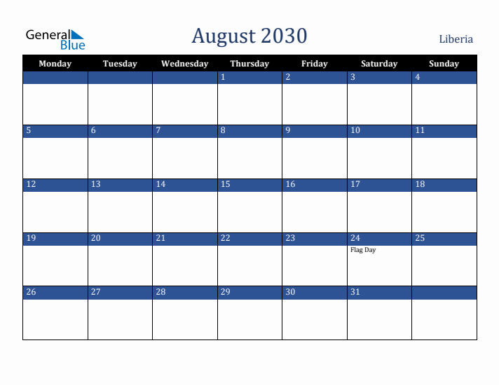 August 2030 Liberia Calendar (Monday Start)