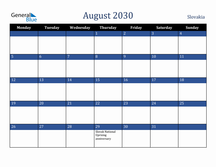 August 2030 Slovakia Calendar (Monday Start)