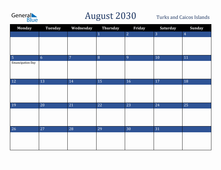 August 2030 Turks and Caicos Islands Calendar (Monday Start)