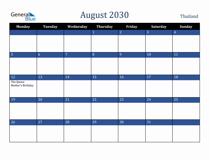 August 2030 Thailand Calendar (Monday Start)