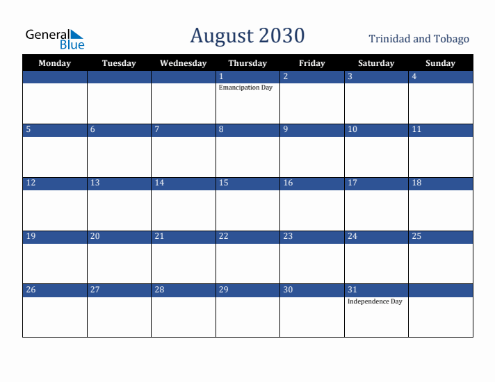 August 2030 Trinidad and Tobago Calendar (Monday Start)