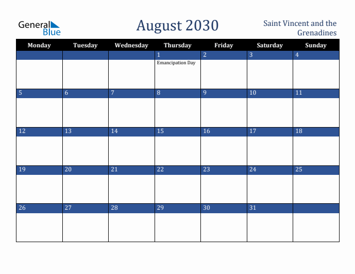 August 2030 Saint Vincent and the Grenadines Calendar (Monday Start)