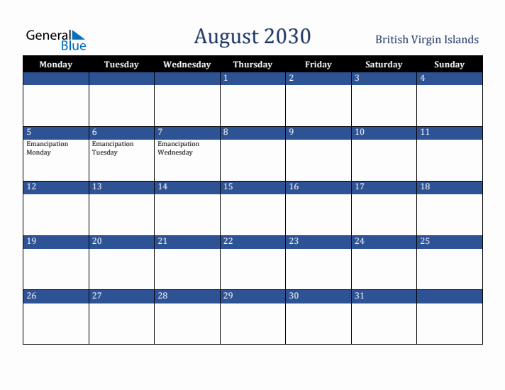 August 2030 British Virgin Islands Calendar (Monday Start)