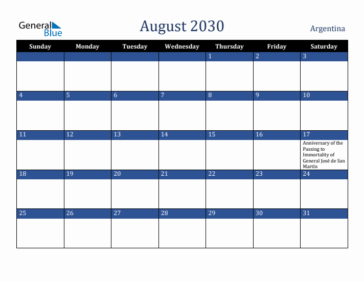 August 2030 Argentina Calendar (Sunday Start)