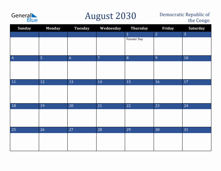 August 2030 Democratic Republic of the Congo Calendar (Sunday Start)