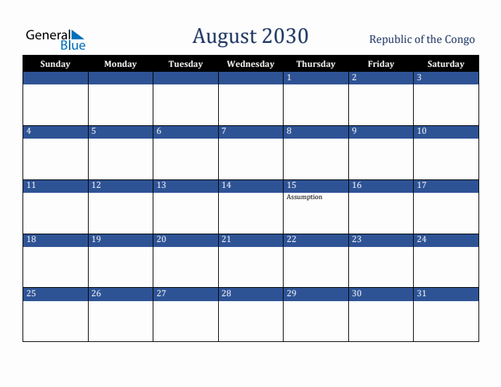 August 2030 Republic of the Congo Calendar (Sunday Start)