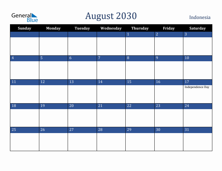 August 2030 Indonesia Calendar (Sunday Start)