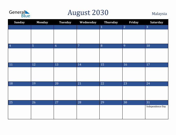 August 2030 Malaysia Calendar (Sunday Start)