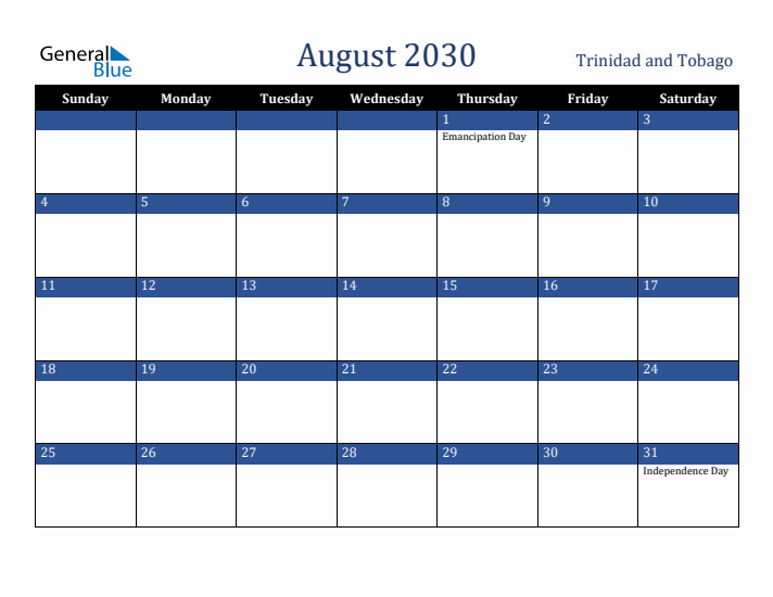 August 2030 Trinidad and Tobago Calendar (Sunday Start)