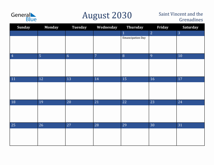 August 2030 Saint Vincent and the Grenadines Calendar (Sunday Start)