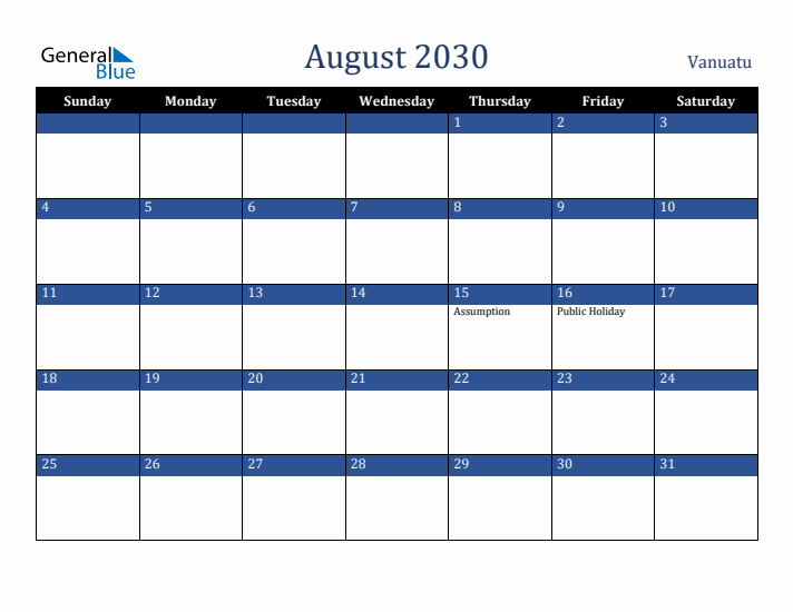 August 2030 Vanuatu Calendar (Sunday Start)
