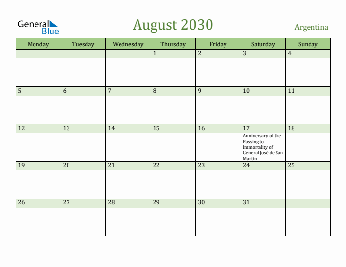 August 2030 Calendar with Argentina Holidays