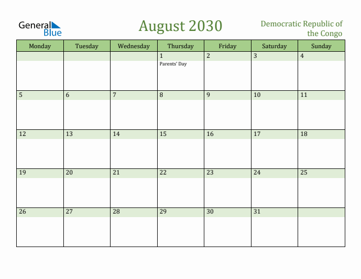 August 2030 Calendar with Democratic Republic of the Congo Holidays