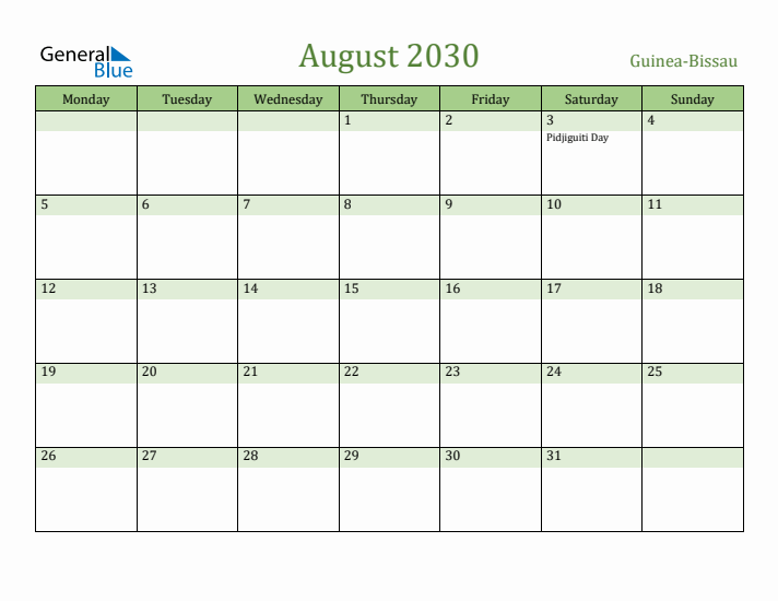 August 2030 Calendar with Guinea-Bissau Holidays