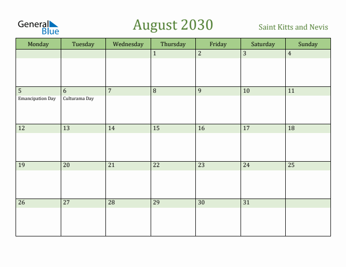 August 2030 Calendar with Saint Kitts and Nevis Holidays