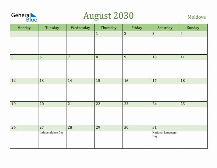 August 2030 Calendar with Moldova Holidays